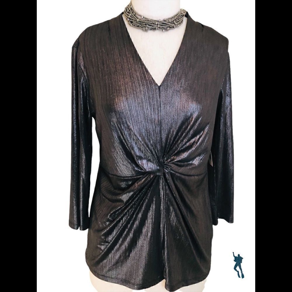 Thin poly/spandex black long sleeve summer evening blouse. Very slimming. NWT